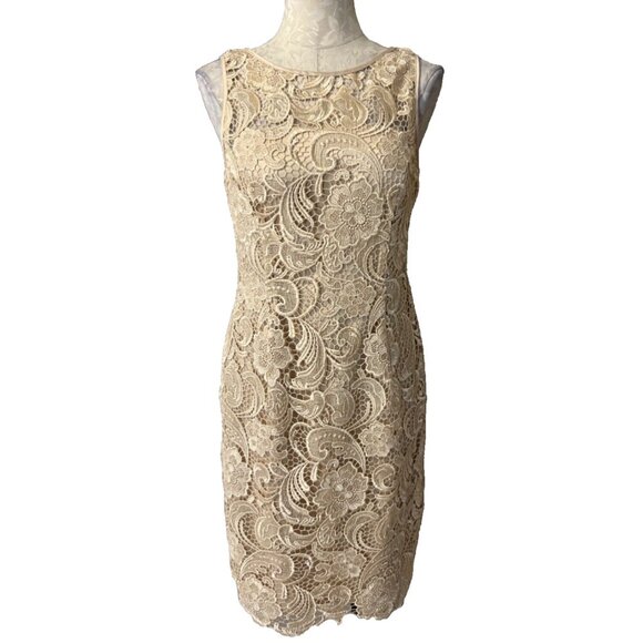 Adrianna Papell Dress 8 Matte Gold Lace Wedding Party Cruise Sheath w Bra NEW - Picture 1 of 8